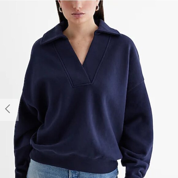Express Relaxed V Neck Fleece Polo Sweatshirt Black Size Small (Oversized) $68 - Picture 8 of 8